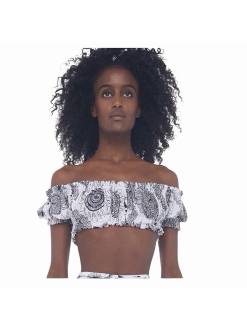 Norma Kamali Jose Top Off Shoulder Floral Crop Top XXS NWT Black White Odonata